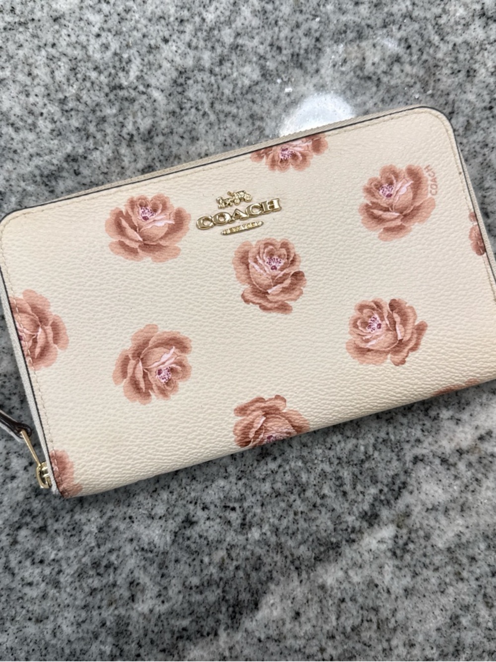 Coach Zip Wallet in Cream with Blush Rose Print